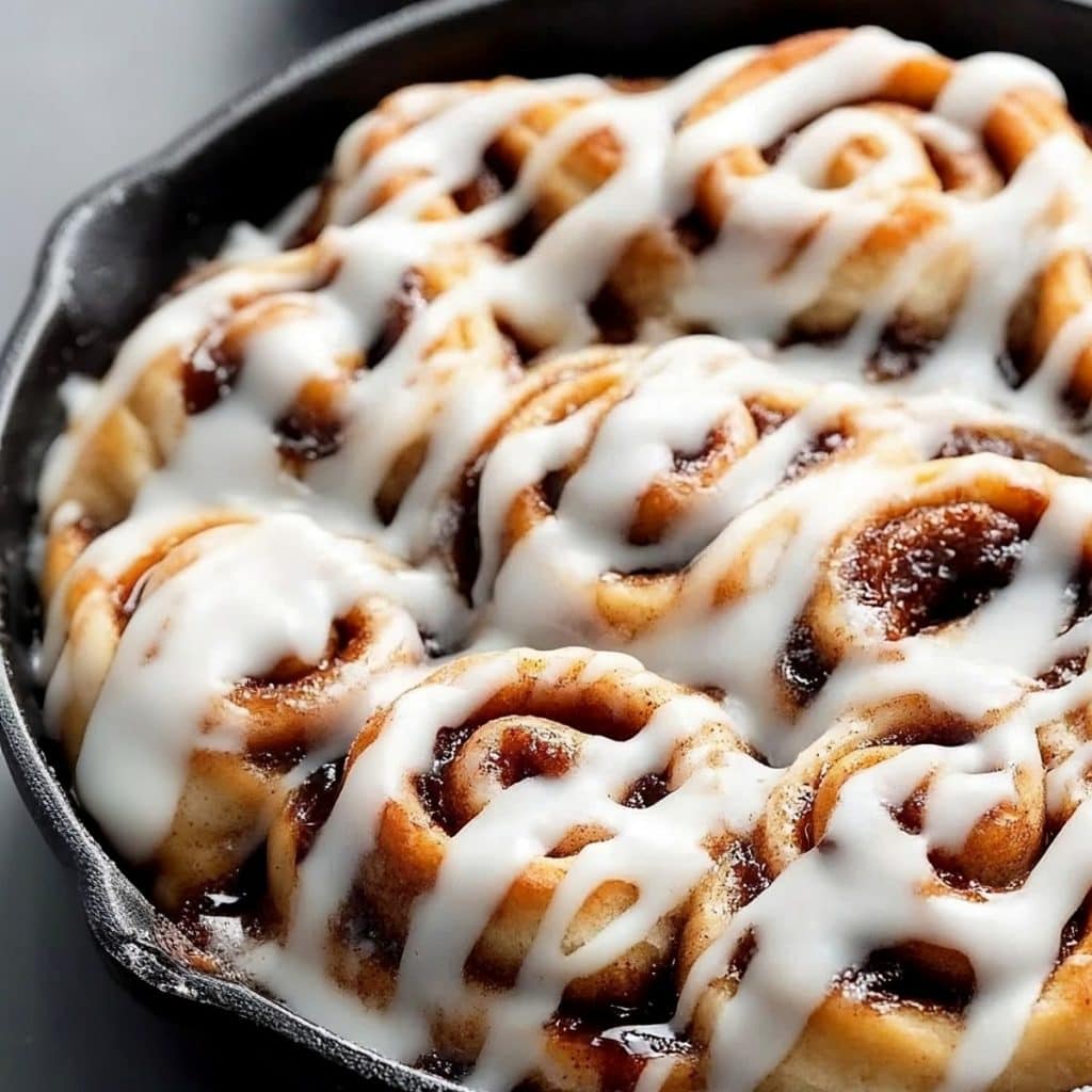 Skillet cinnamon rolls drizzled with cream cheese glaze.