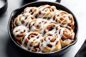 Cinnamon rolls drizzled with sugar glaze cooked in a skillet.