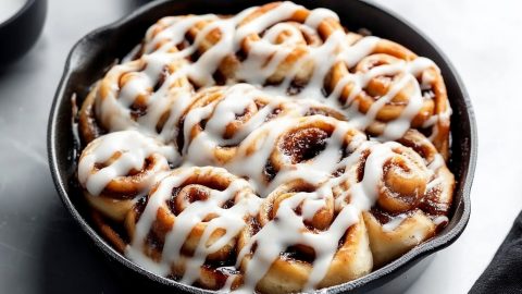 Cinnamon rolls drizzled with sugar glaze cooked in a skillet.