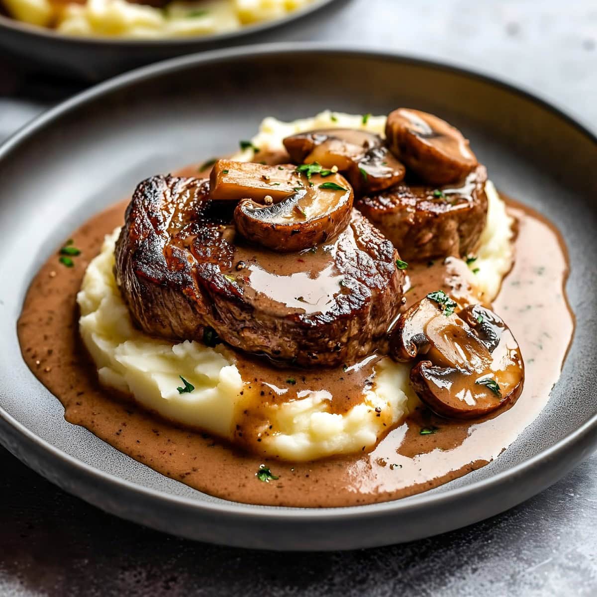 Steak Diane served with mashed potatoes and gravy.