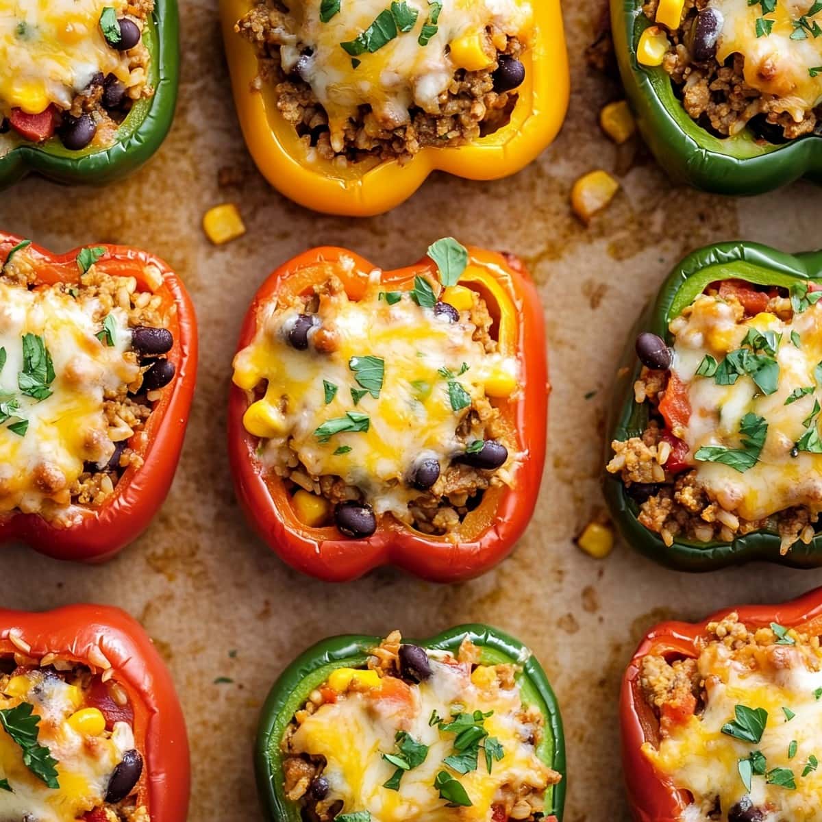 Stuffed with seasoned ground turkey, black beans, corn, and rice, all topped with melty cheese green and red bell peppers in a baking pan with brown parchment paper.