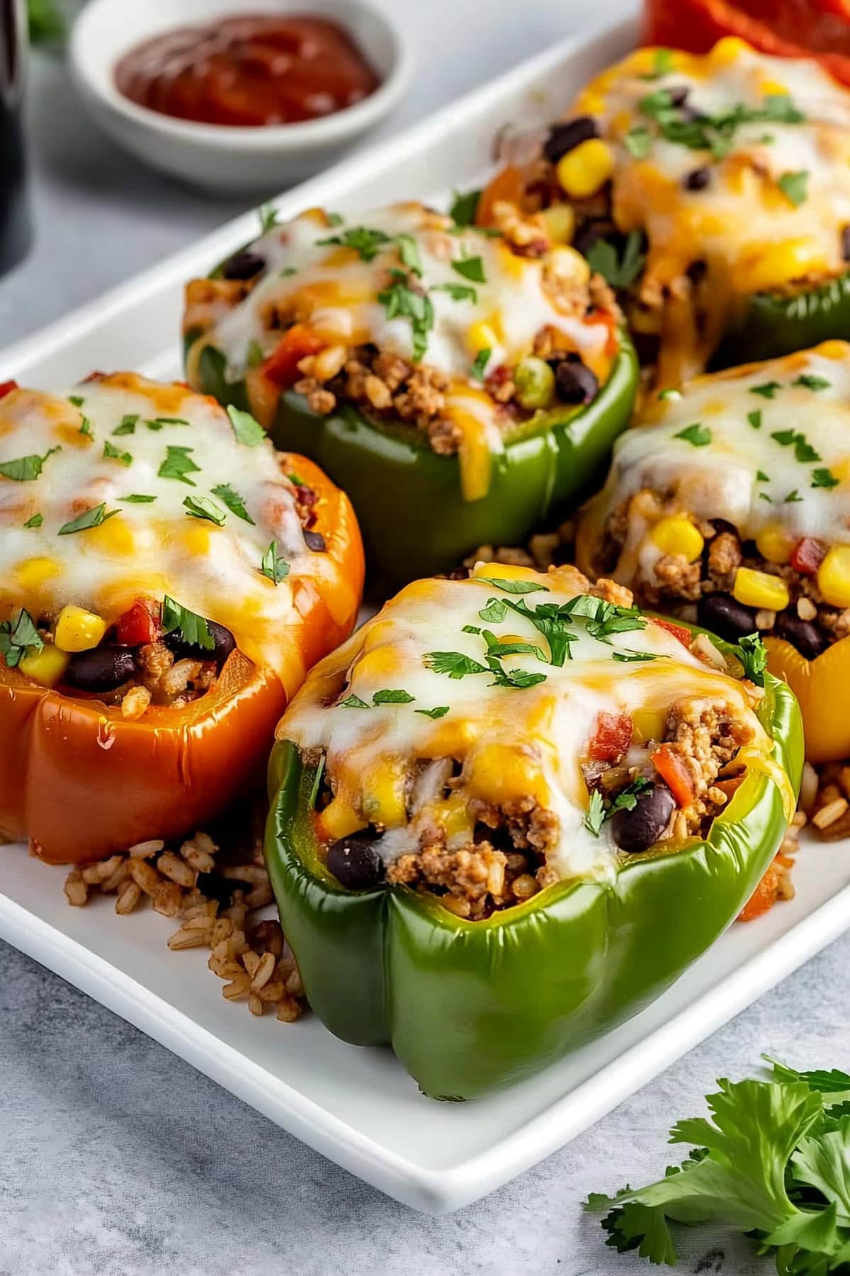 Red and green bell peppers stuffed with seasoned ground turkey, black beans, corn, and rice, all topped with melty cheese.