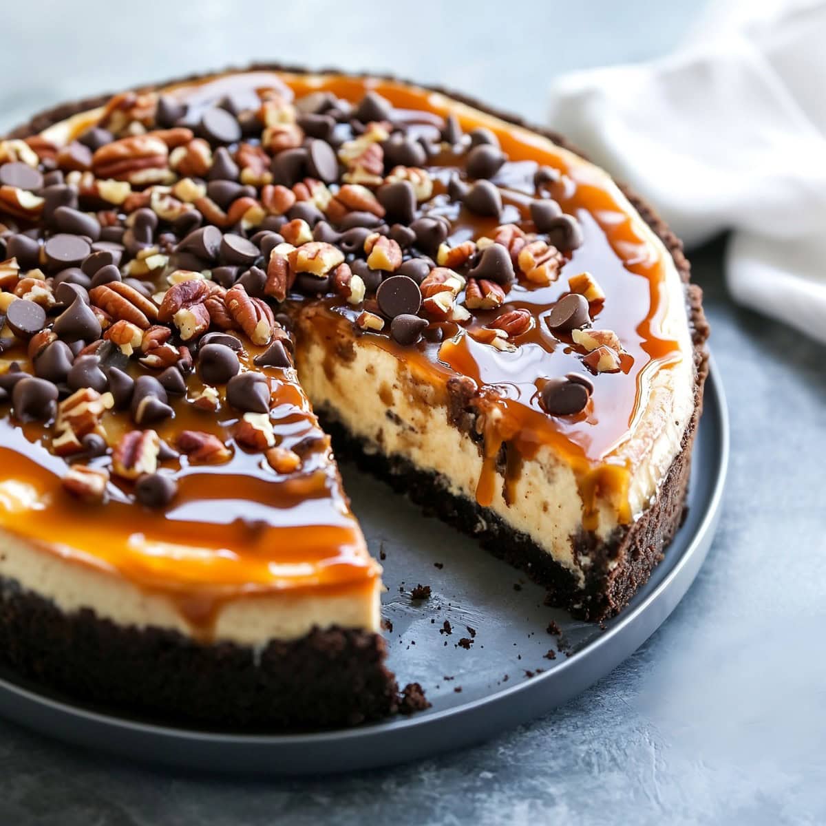 Turtle cheesecake with a slice missing sitting on a cake tray. 