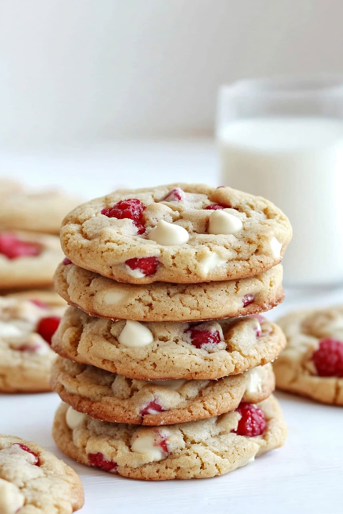 A stack of white chocolate raspberry cookies, served with milk.