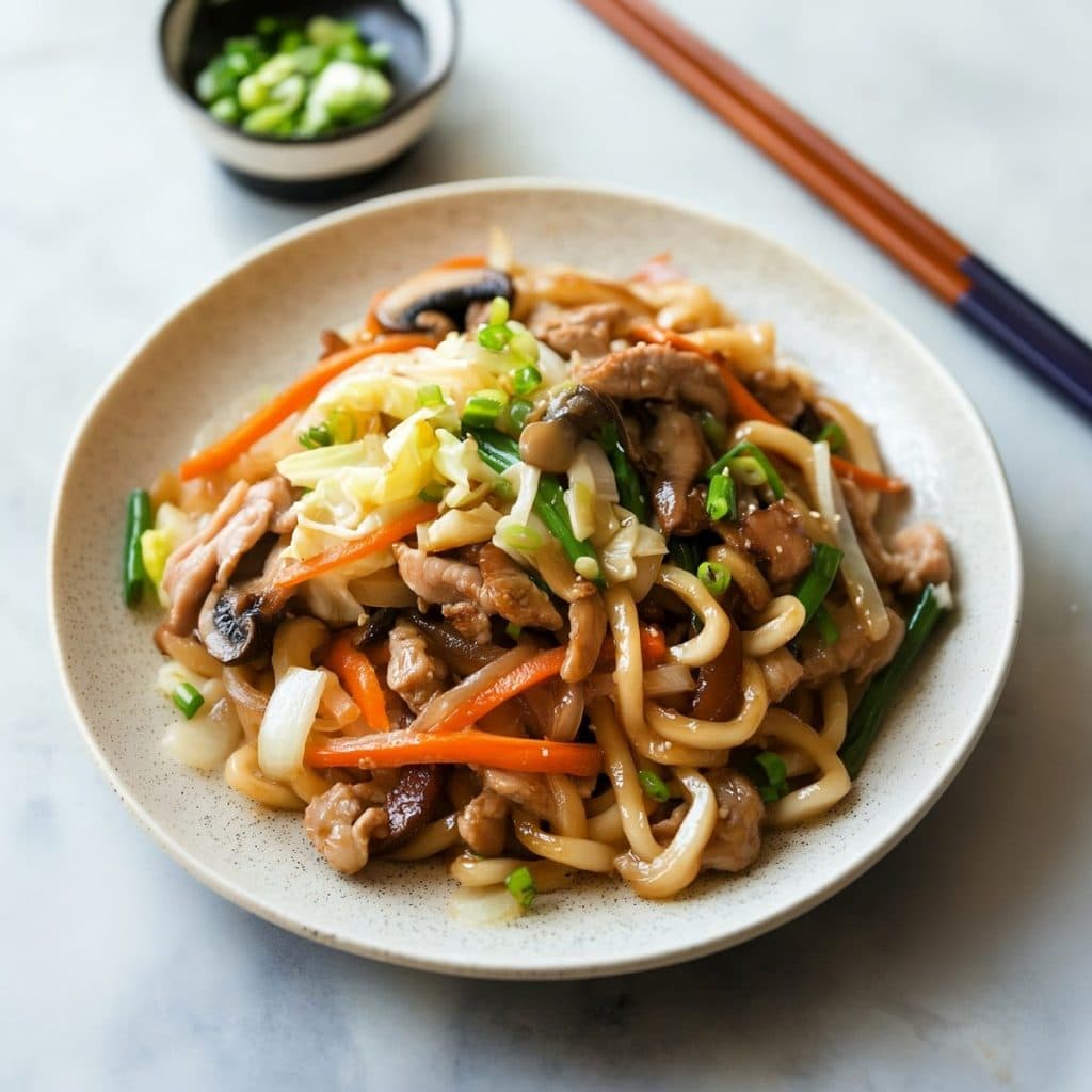 Yaki udon stir fried noodles served in a plate. 