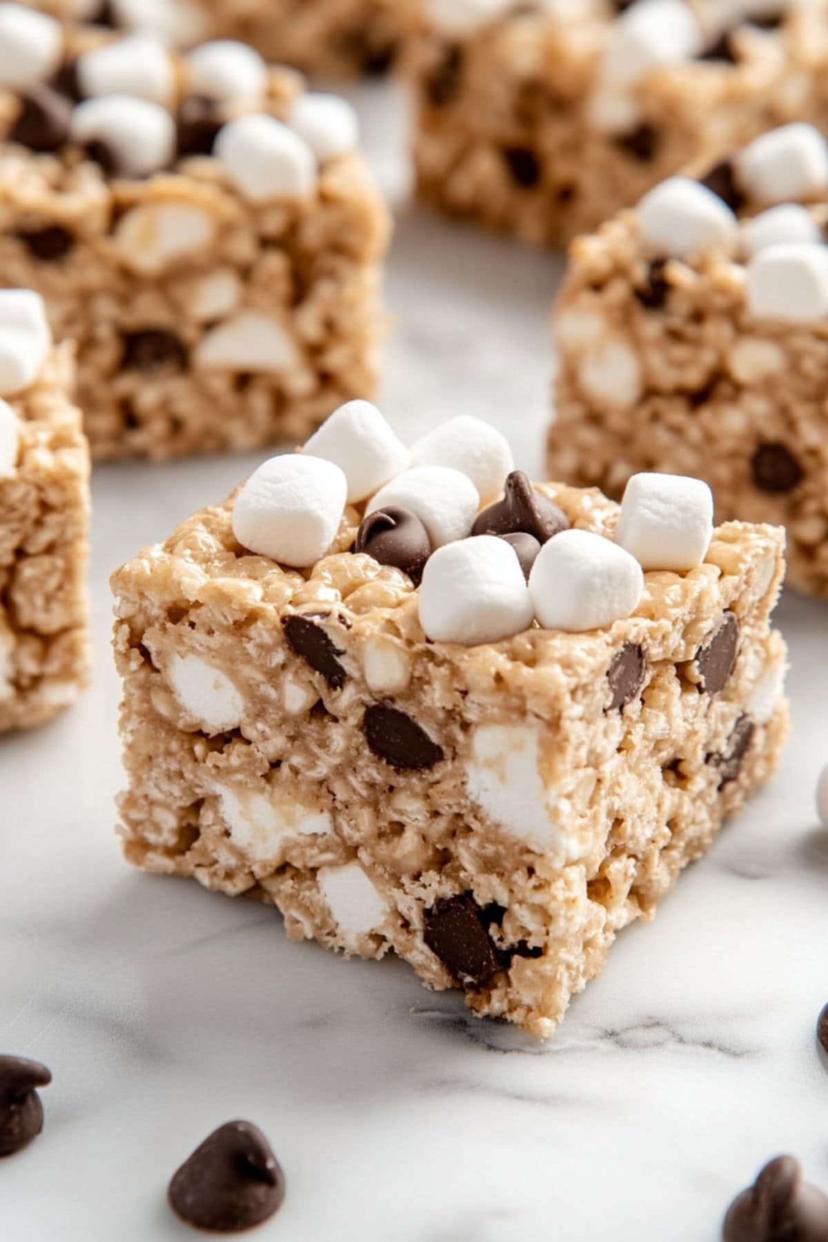 Rocky Mountain Avalanche bars with mini marshmallows and chocolate chips, close up