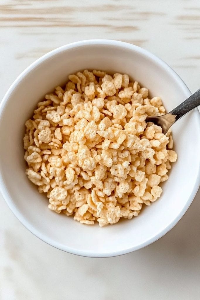 Rice Krispies cereal in a white bowl, top view