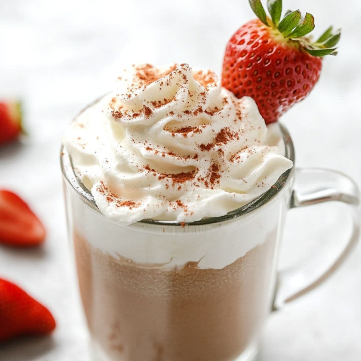 Chocolate drink in a glass mug top with whipped cream garnished with strawberry.