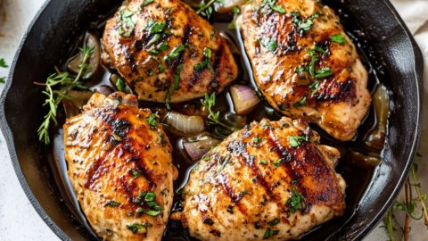 Balsamic chicken with sauce cooked in a skillet pan.