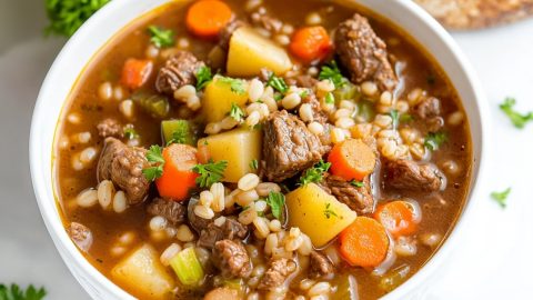 A comforting bowl of beef barley soup with tender chunks of meat and fresh veggies.