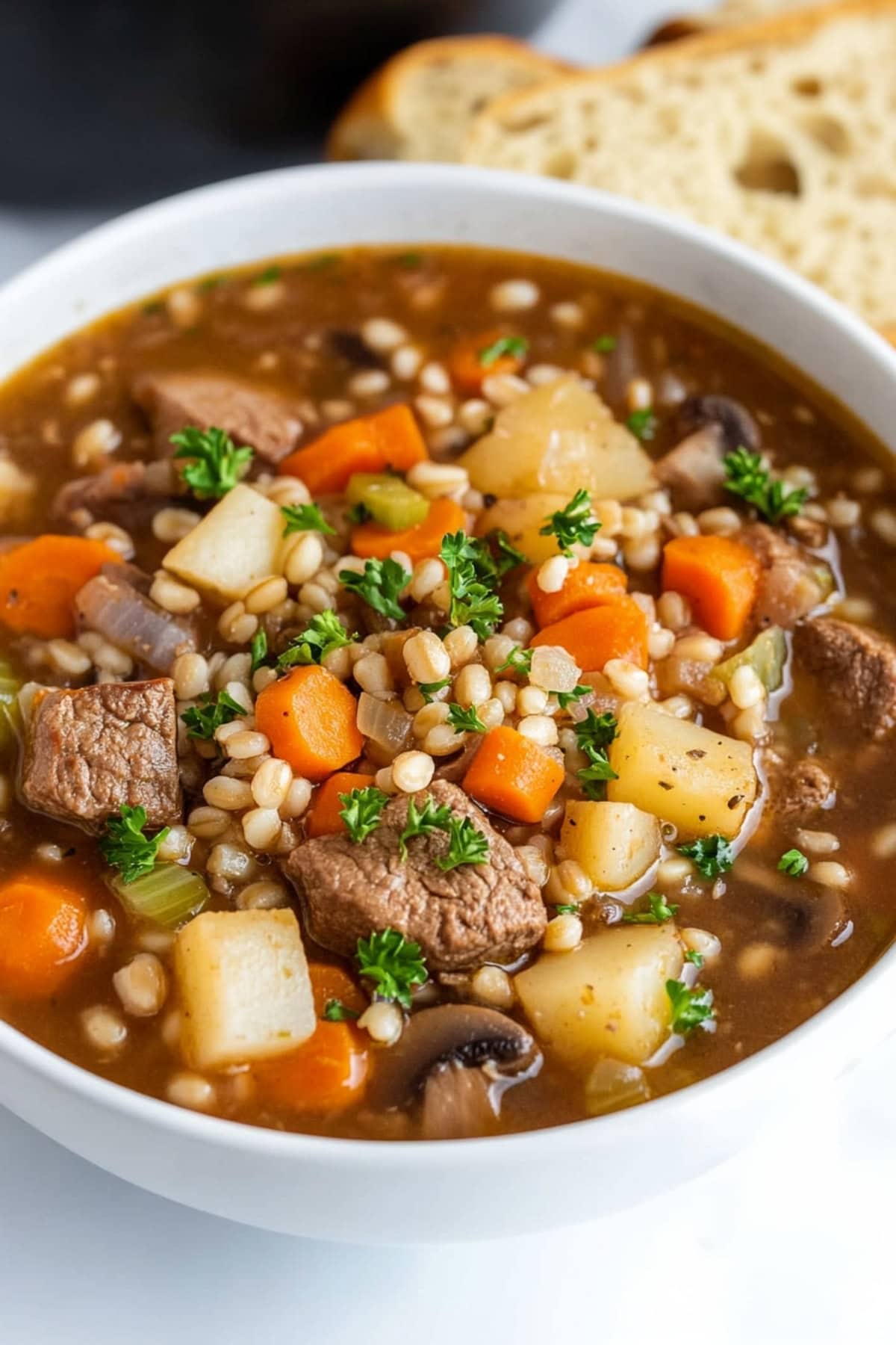 A bowl of beef barley soup with carrots, mushrooms, celery and potatoes.