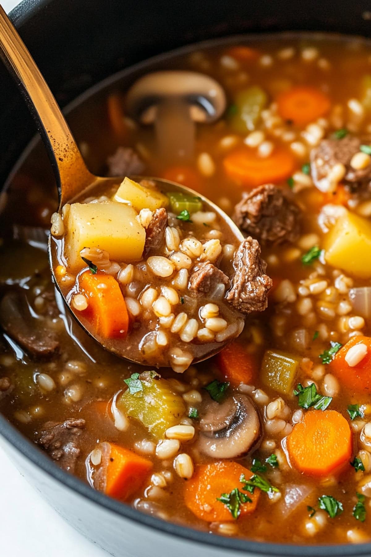 A skillet of beef barley soup with carrots, celery and potatoes.