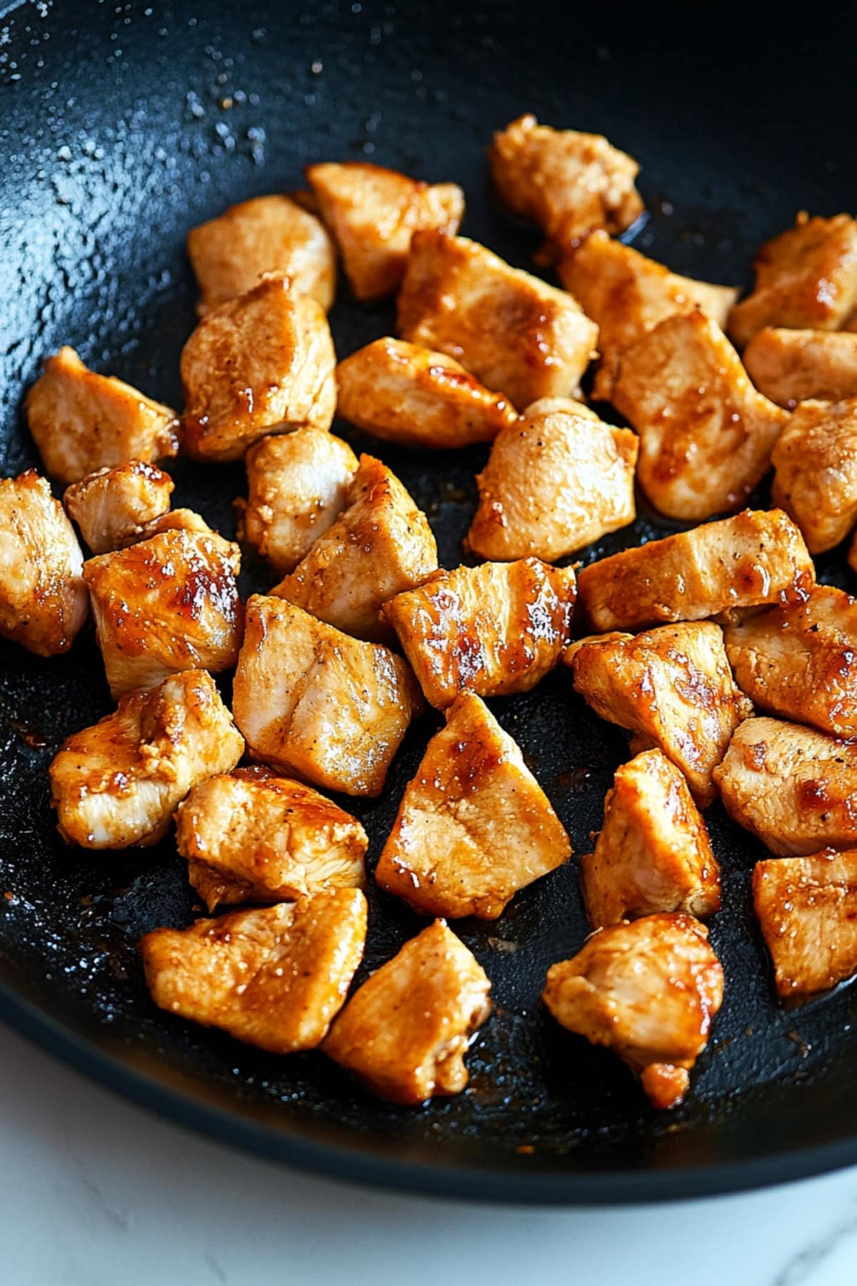 A skillet filled with cooked bite-sized chicken.