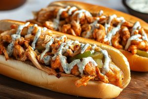 Hoagie rolls with shredded chicken, green bell peppers drizzled with blue cheese sitting on top of wooden board.