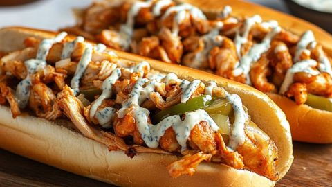 Hoagie rolls with shredded chicken, green bell peppers drizzled with blue cheese sitting on top of wooden board.