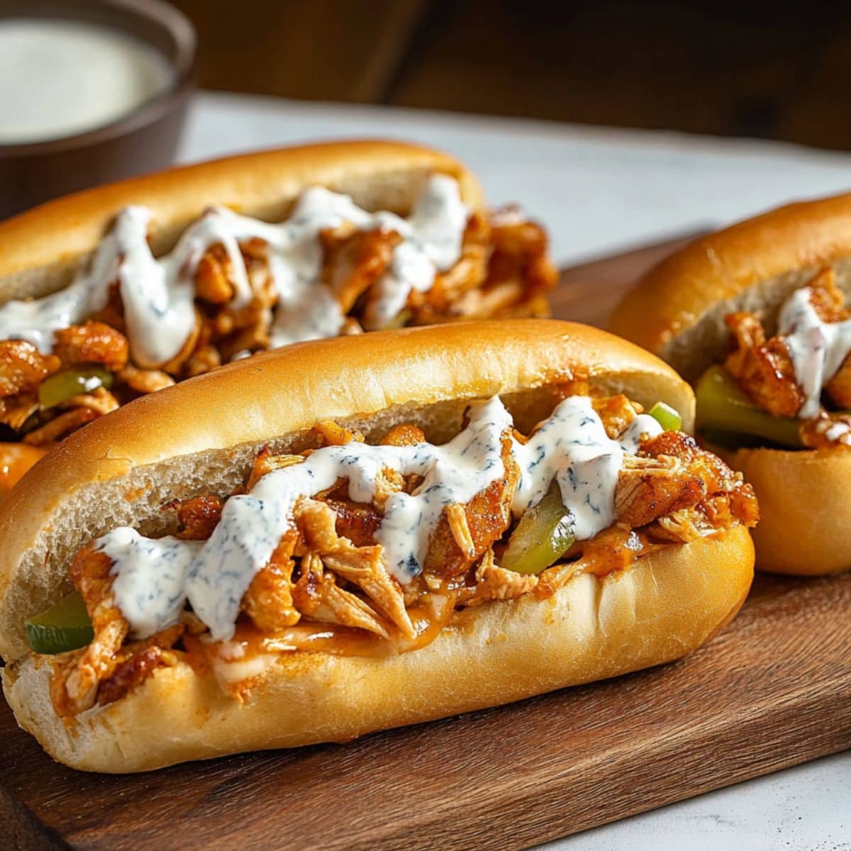 Shredded buffalo chicken with green bell peppers and onions filled inside hoagie rolls drizzled with blue cheese dressing.