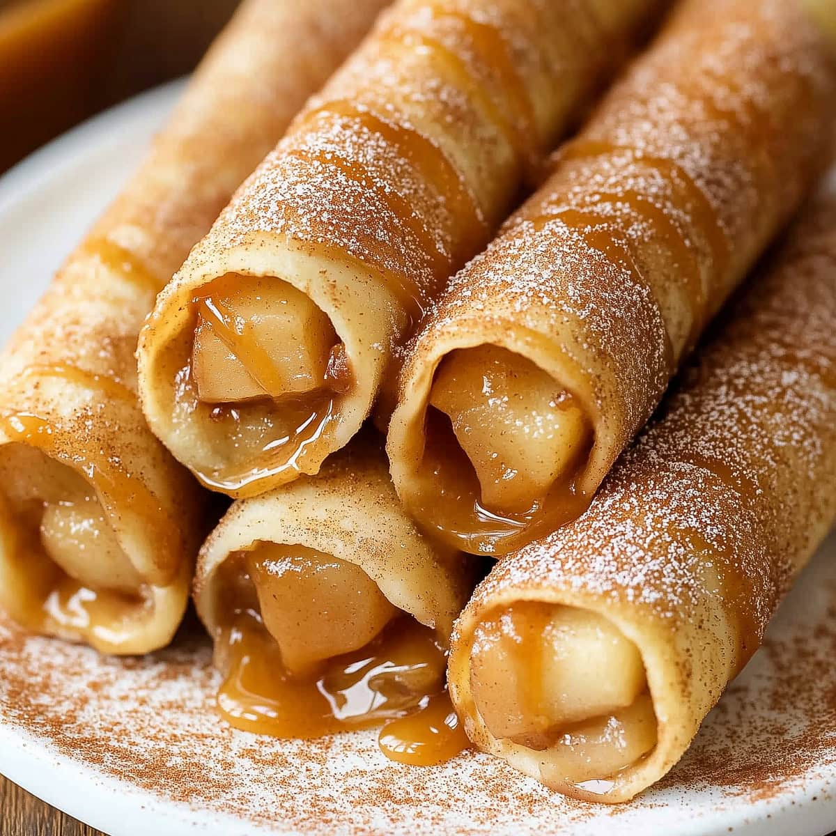 Freshly baked caramel apple taquitos in a white plate.