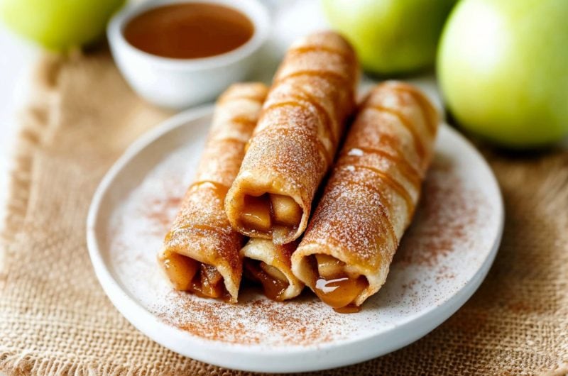 Caramel apple taquitos served with a dipping sauce.