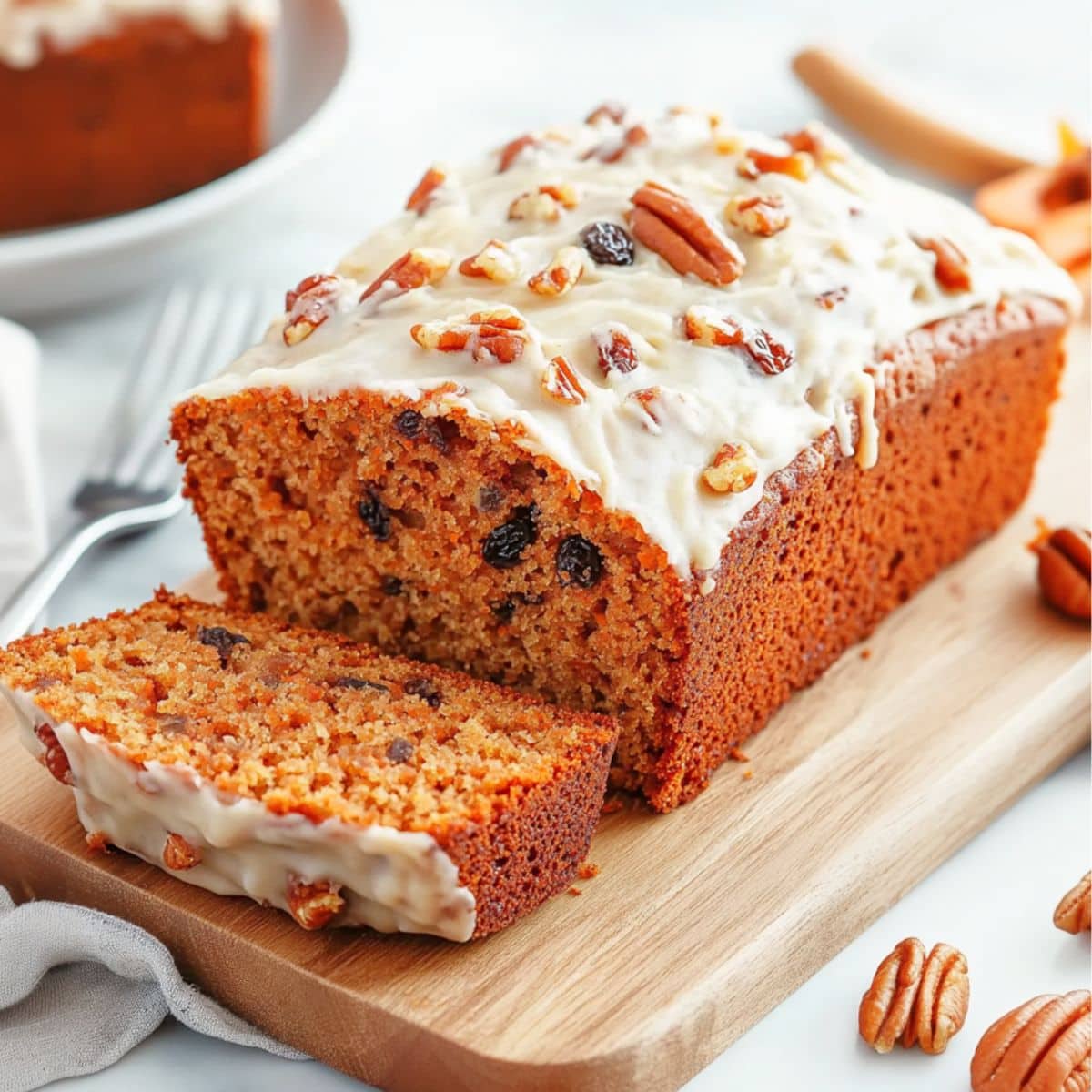 Whole carrot cake loaf bread served in a wooden board.