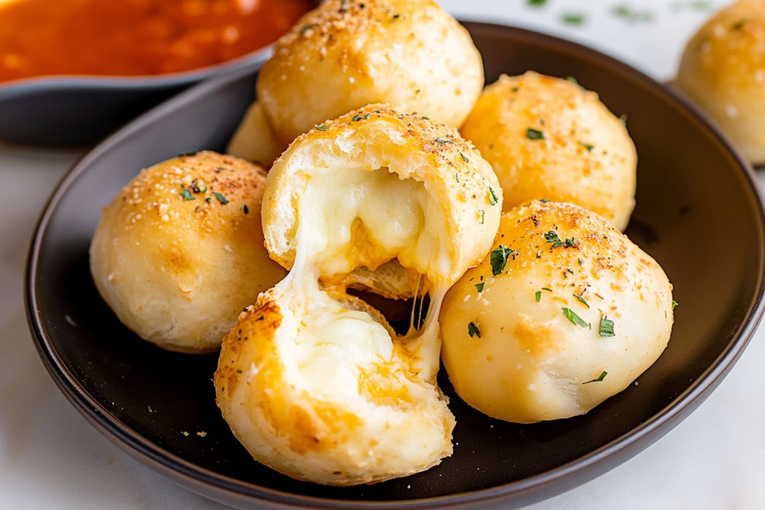 Cheese bombs with herbs in a brown plate, served with marinara sauce.