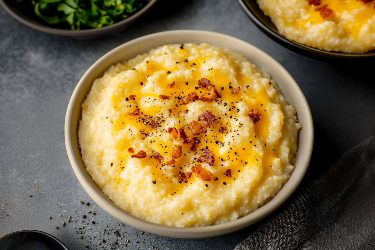 Steaming hot cheesy grits in a bowl, with crispy bacon bits and black pepper.