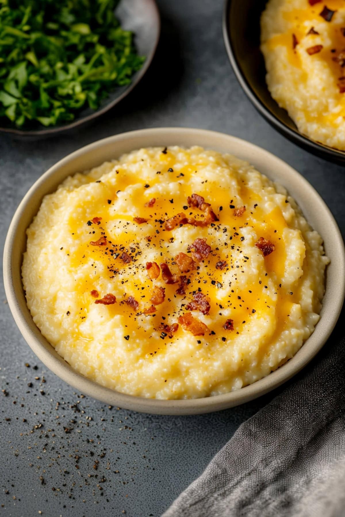 A bowl of cheesy grits topped with crispy bacon bits on a stone table.