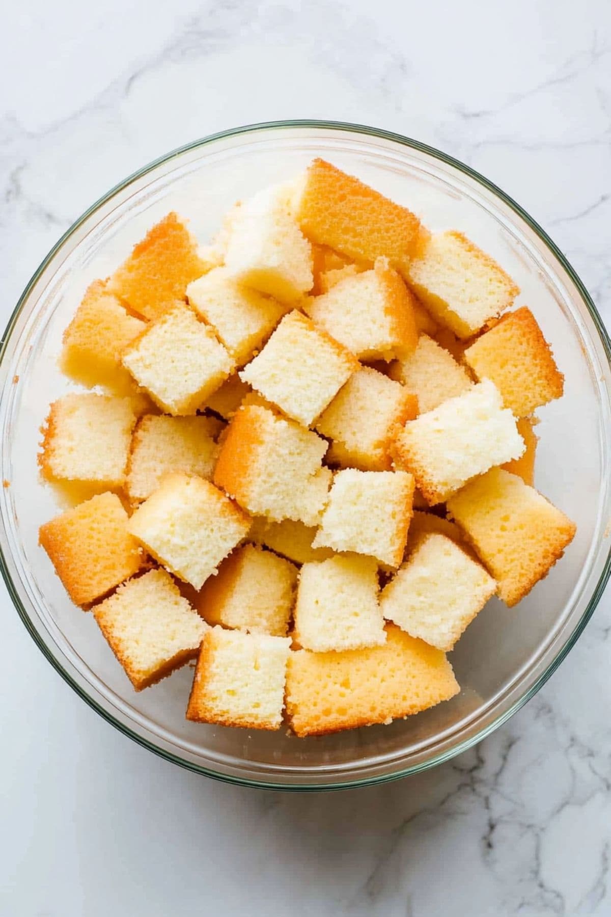 Cube slices angels' cake in a glass bowl.