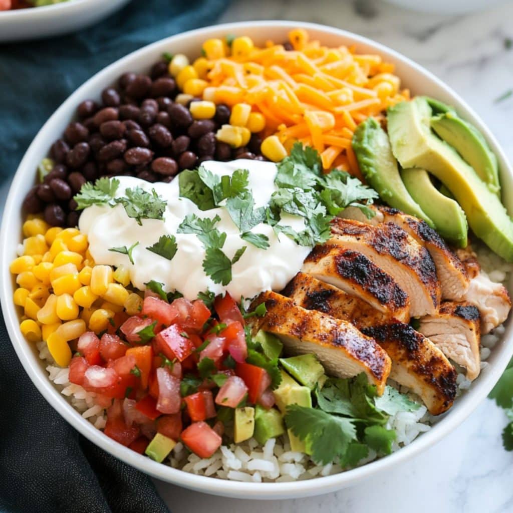 Chicken burrito filling served on top of cilantro lime rice in a whtie bowl.