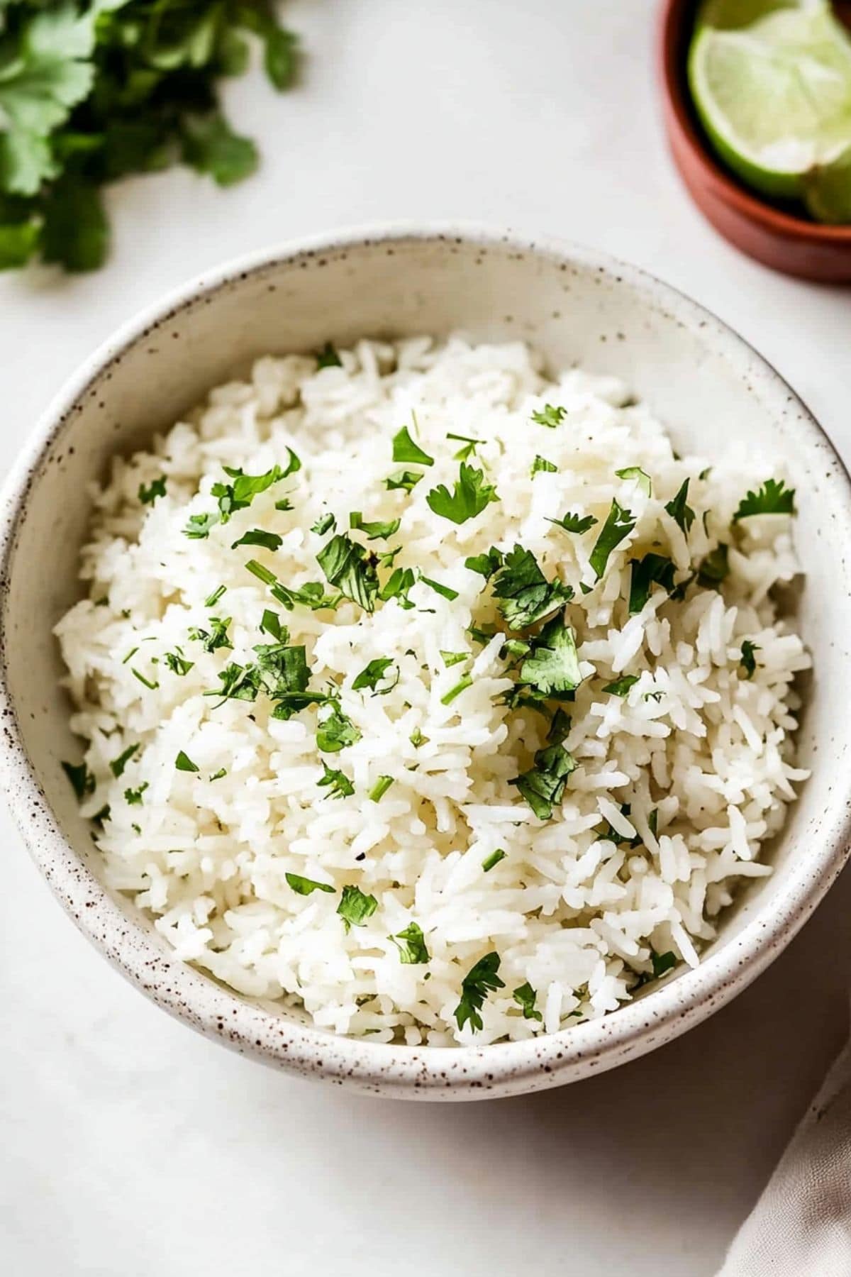 Lime rice serving in a white bowl with chopped cilantro.