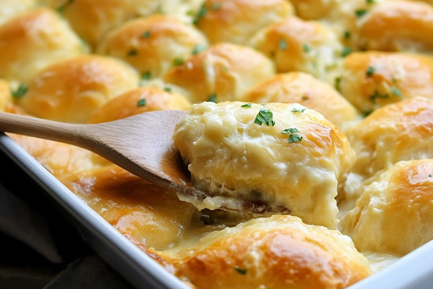 Chicken crescent rolls lifted by a wooden ladle from baking dish.