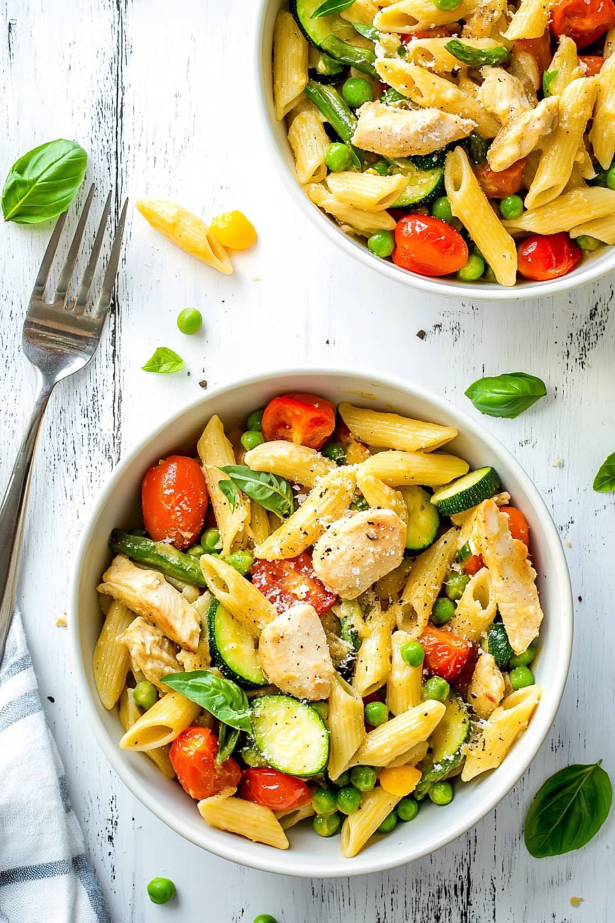 Homemade chicken pasta primavera with tomatoes, peas and penne in bowls.