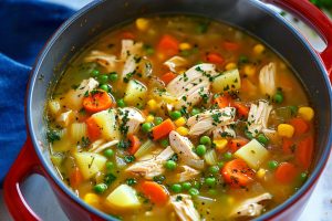 Pot with chicken vegetable soup with chopped carrots, celery, potatoes, shredded chicken with chicken broth soup.