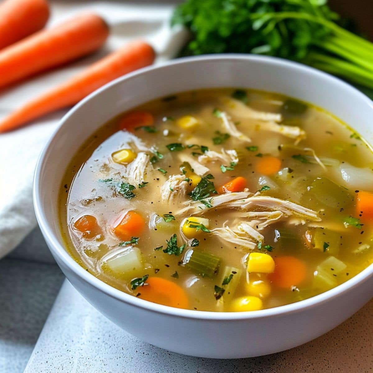 White bowl with a serving of chicken vegetable soup.