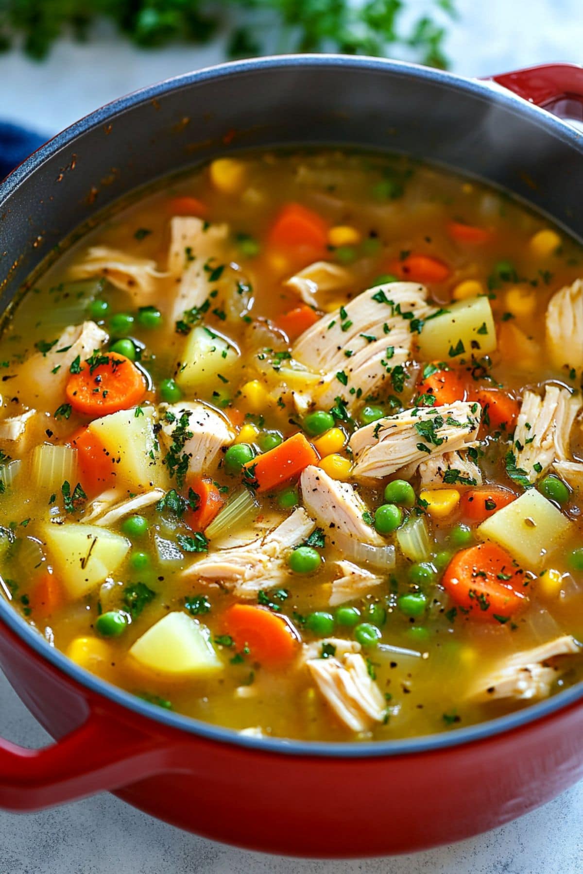 Chopped carrots, potatoes, corn and green peas with chicken broth in a pot. 