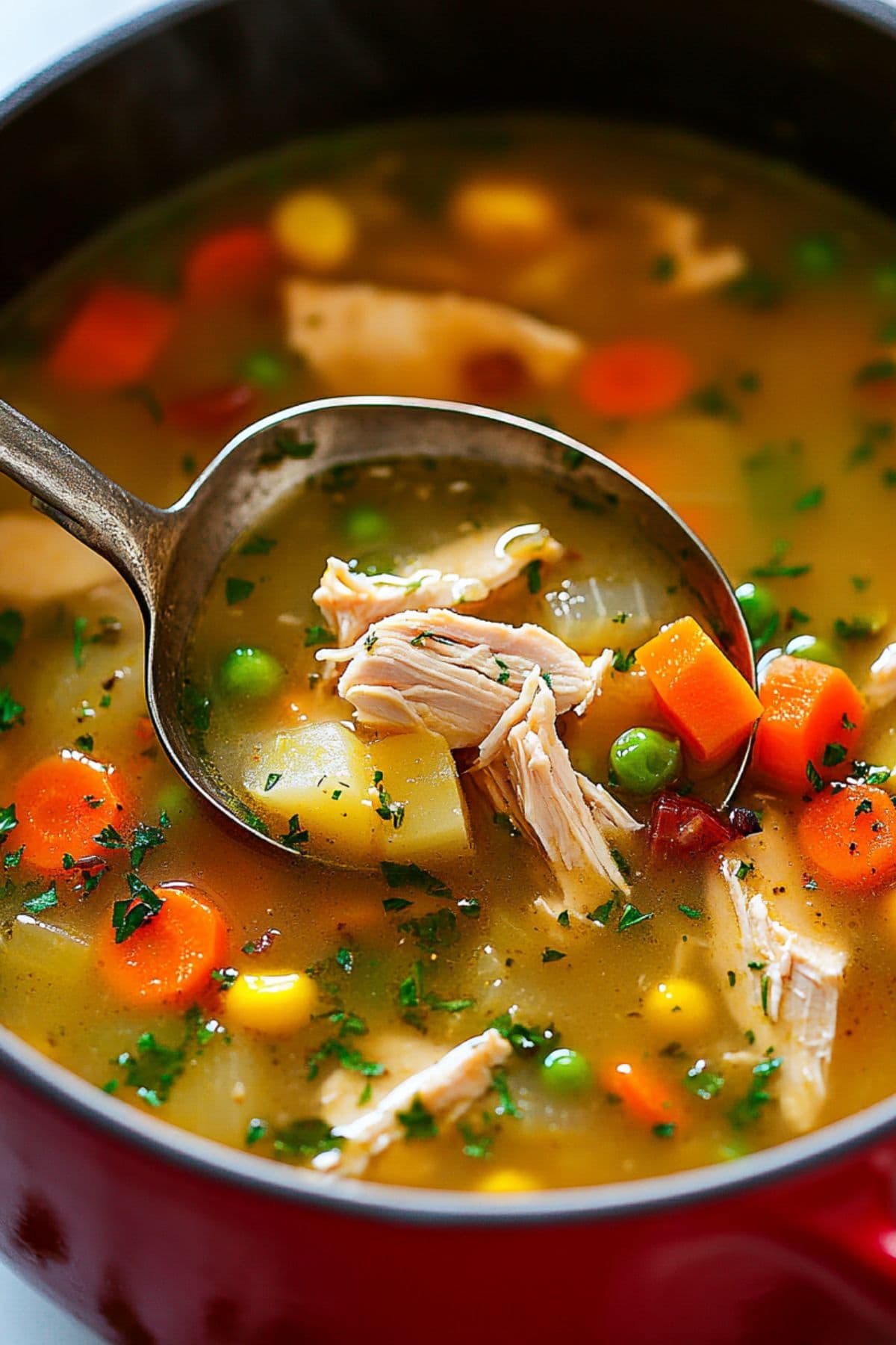 Metal ladle lifting a serving of chicken vegetable soup from a pot.