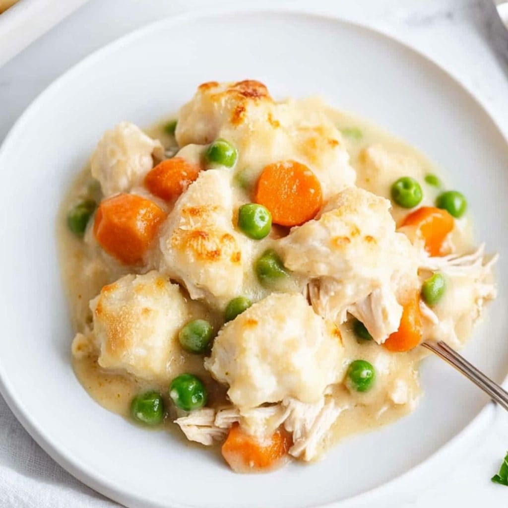 Serving of creamy chicken and dumpling casserole in a white plate with spoon. 