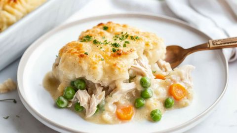 Chicken and dumpling casserole with shredded chicken, creamy sauce and veggies served on a white plate.