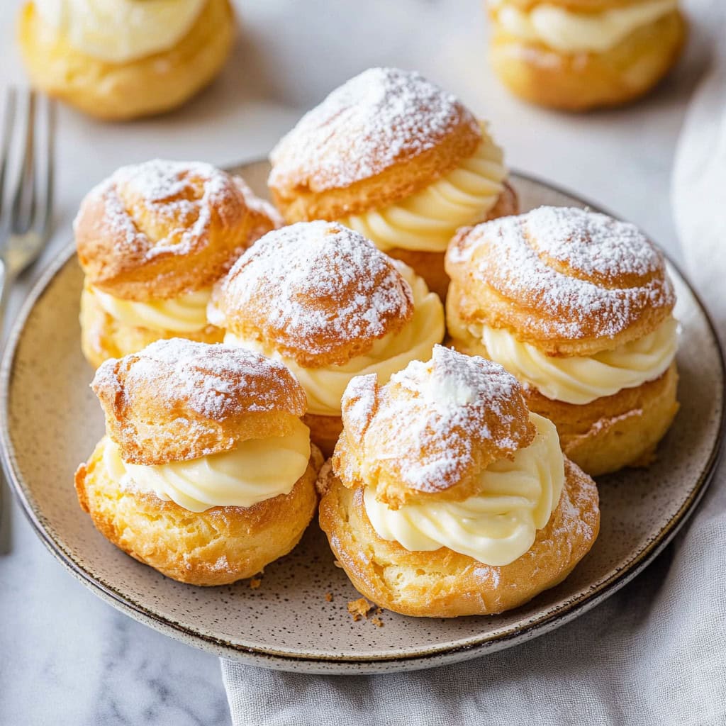 Cream puffs filled with pastry cream on a plate