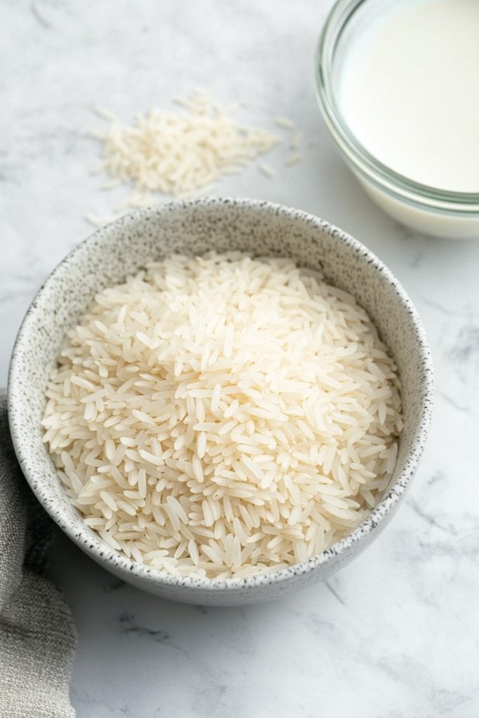 Dry Jasmine rice and full-fat coconut in two bowls on a light kitchen counter