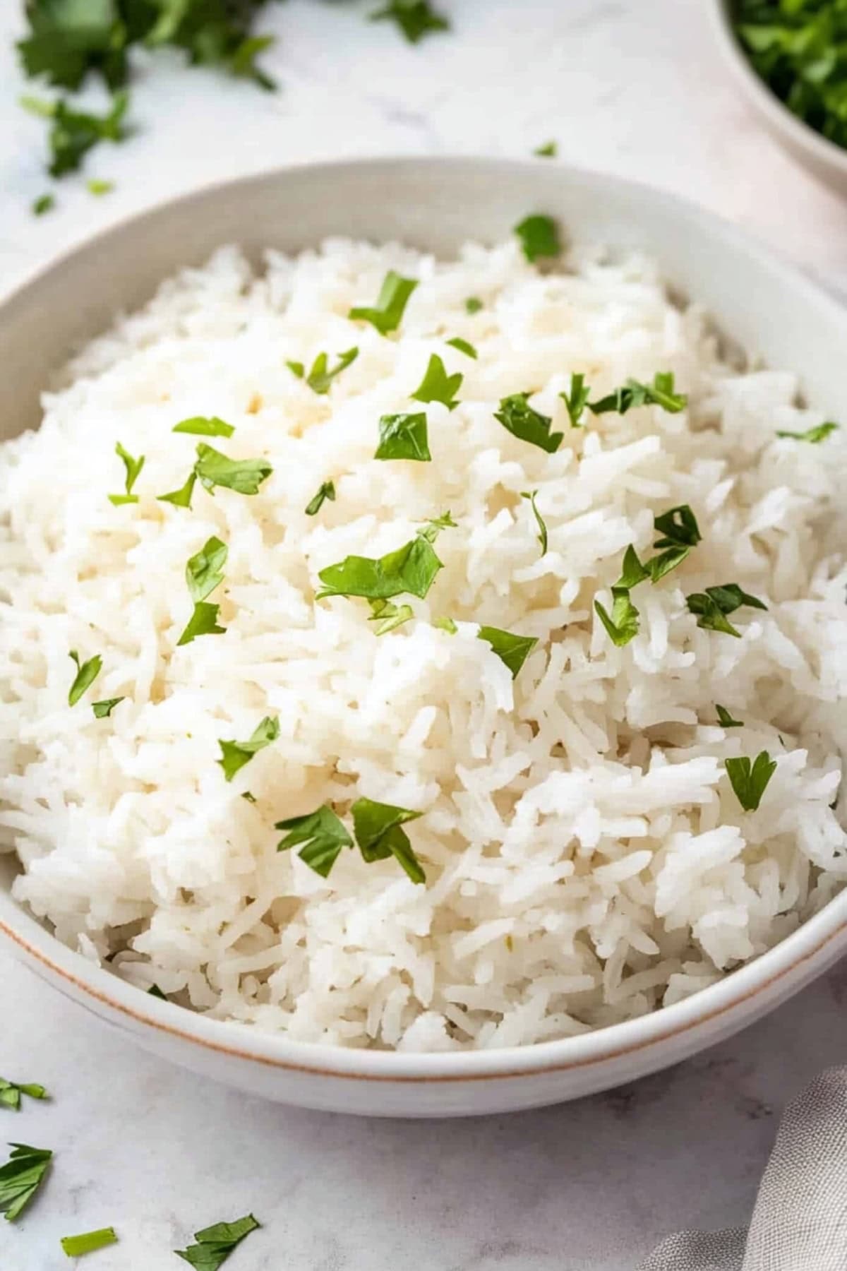 Soft and fluffy coconut rice, garnished with herbs.