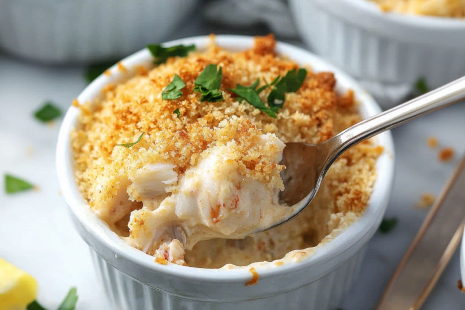 Spoon scooping creamy crabmeat from ramekin dish