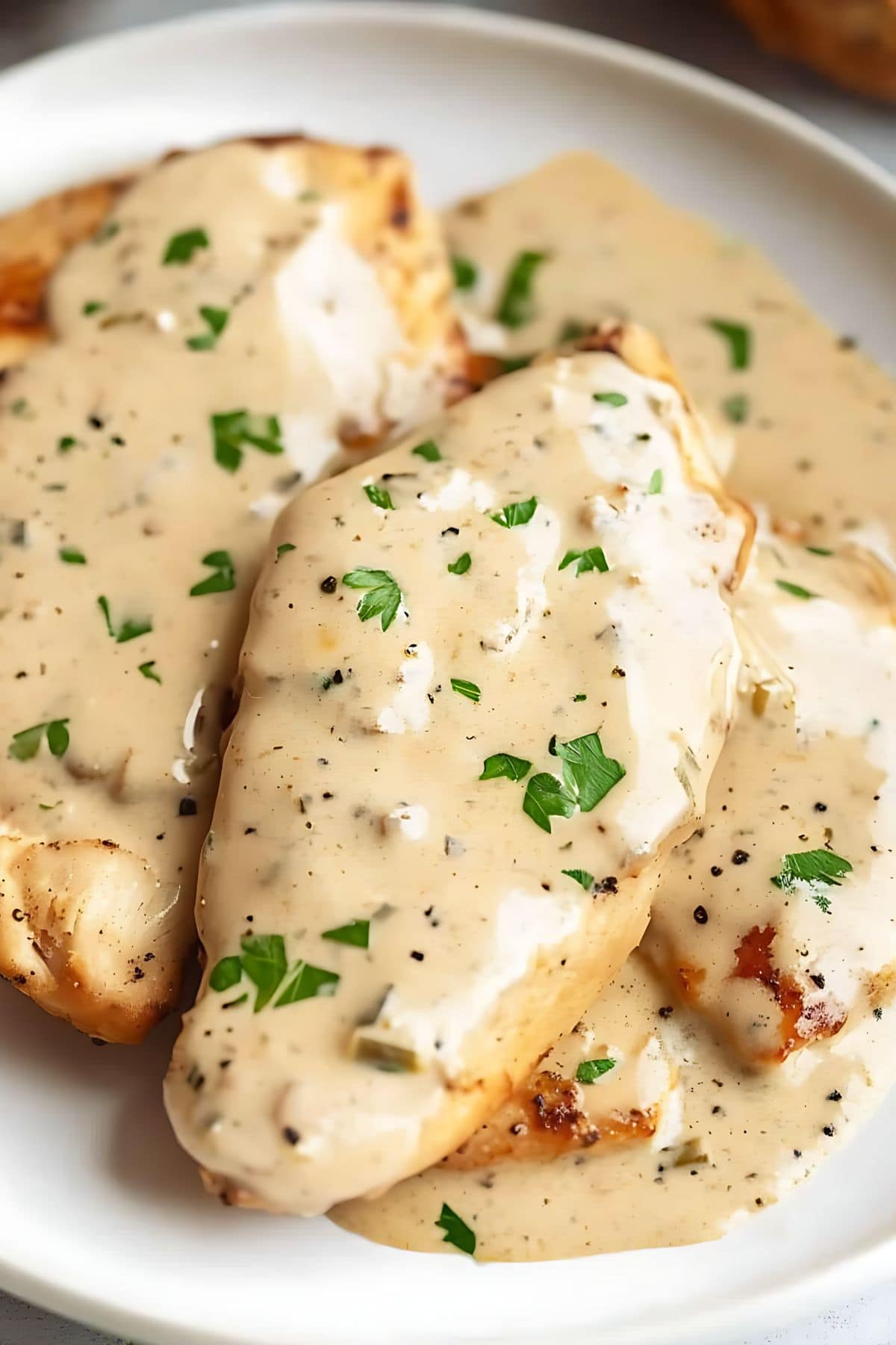 Serving of chicken with cream cheese sauce garnished with chopped parsley.