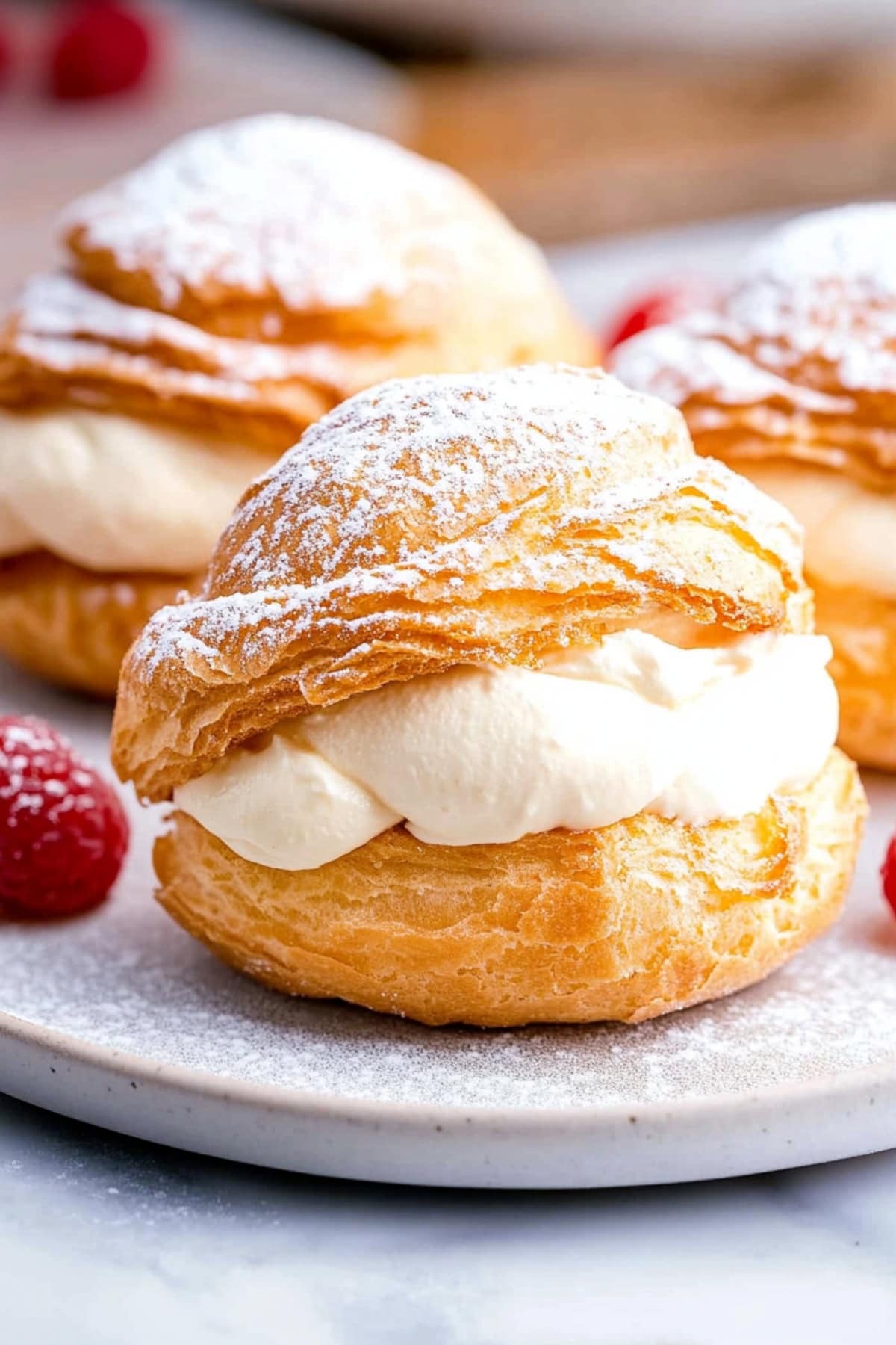 Light and airy homemade cream puffs with creamy filling, side view