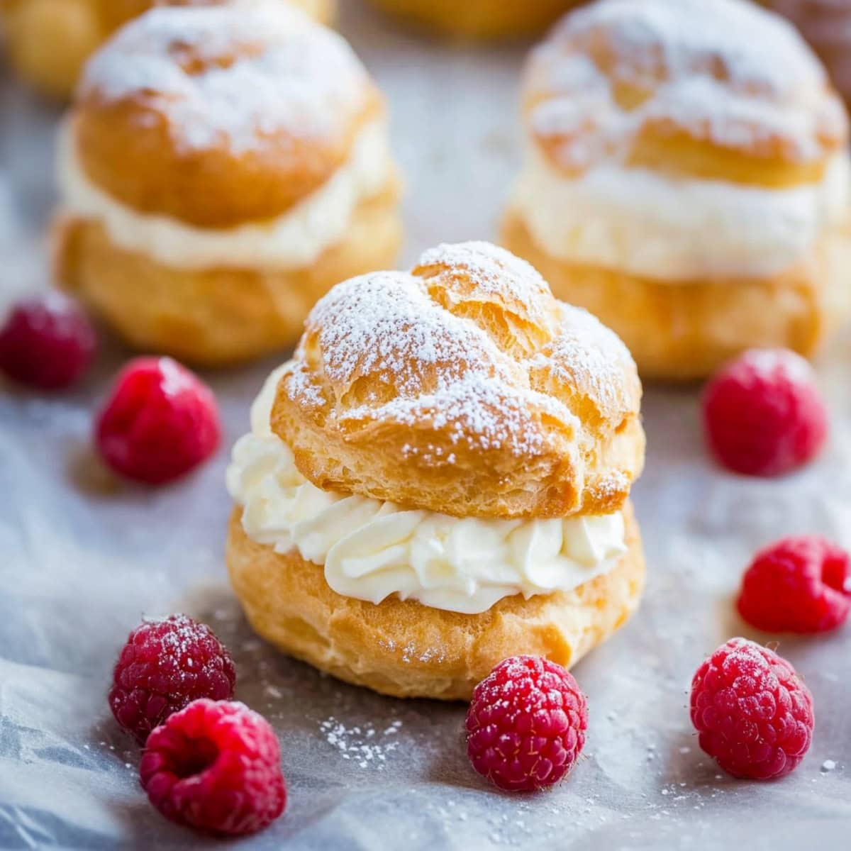 A close-up of golden cream puffs, filled with fluffy whipped cream and dusted lightly with powdered sugar.