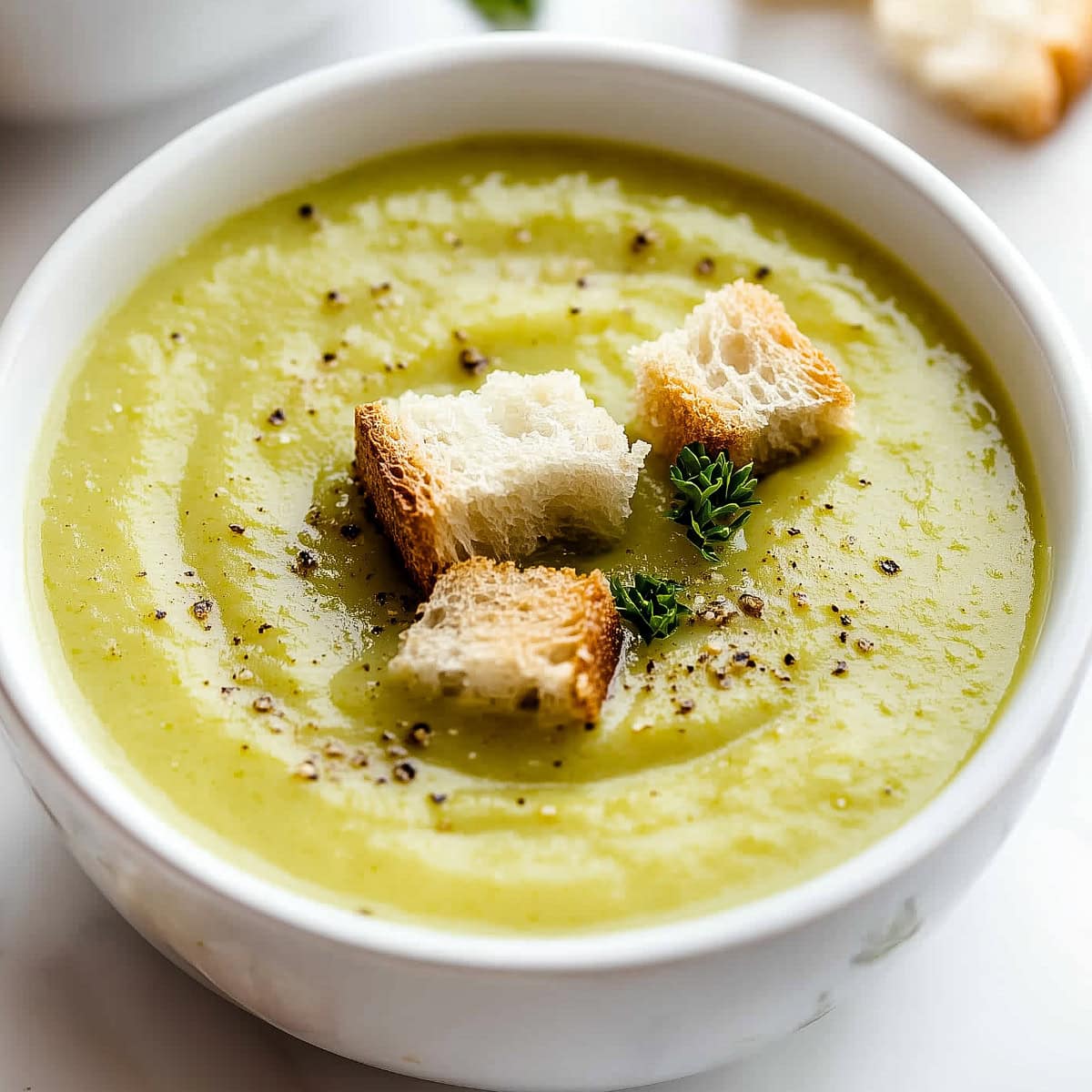 A bowl of light green cream of celery soup, close-up.