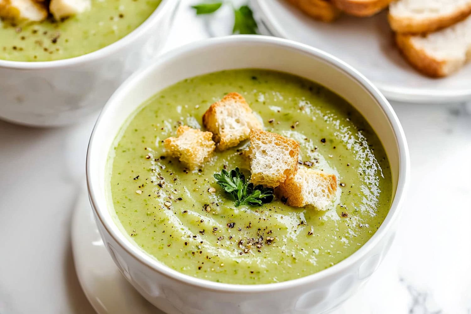 Easy cream of celery soup in a bowl with crouton toppings and herbs.