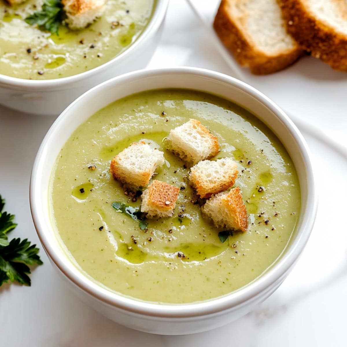 A bowl of cream of celery soup served with bread.