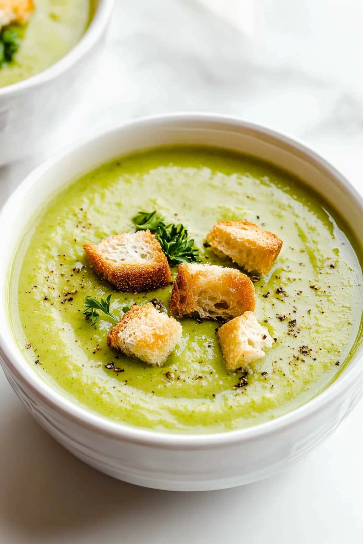 Cream of celery soup with croutons and parsley in a bowl.