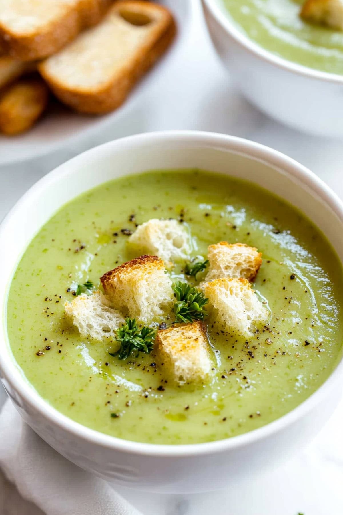 A close-up of smooth, velvety cream of celery soup with croutons.