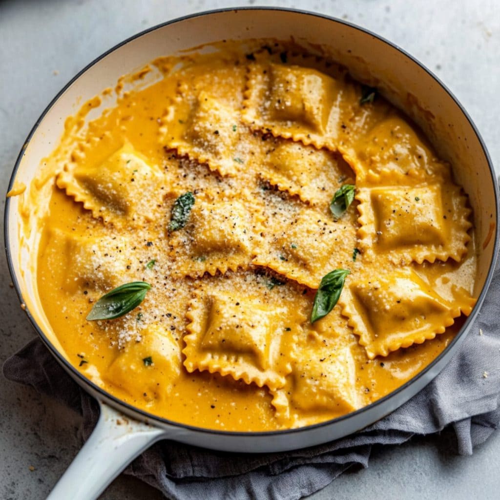 Ravio9li pasta cooked with cheesy and creamy pumpkin sauce in a skillet pan.